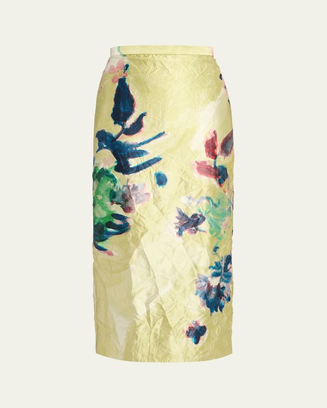 Crinkled Satin Midi Pencil Skirt
